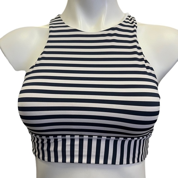 ATHLETA Sports Bra Navy White Stripes Racerback XS Longline High Neck - Picture 1 of 10